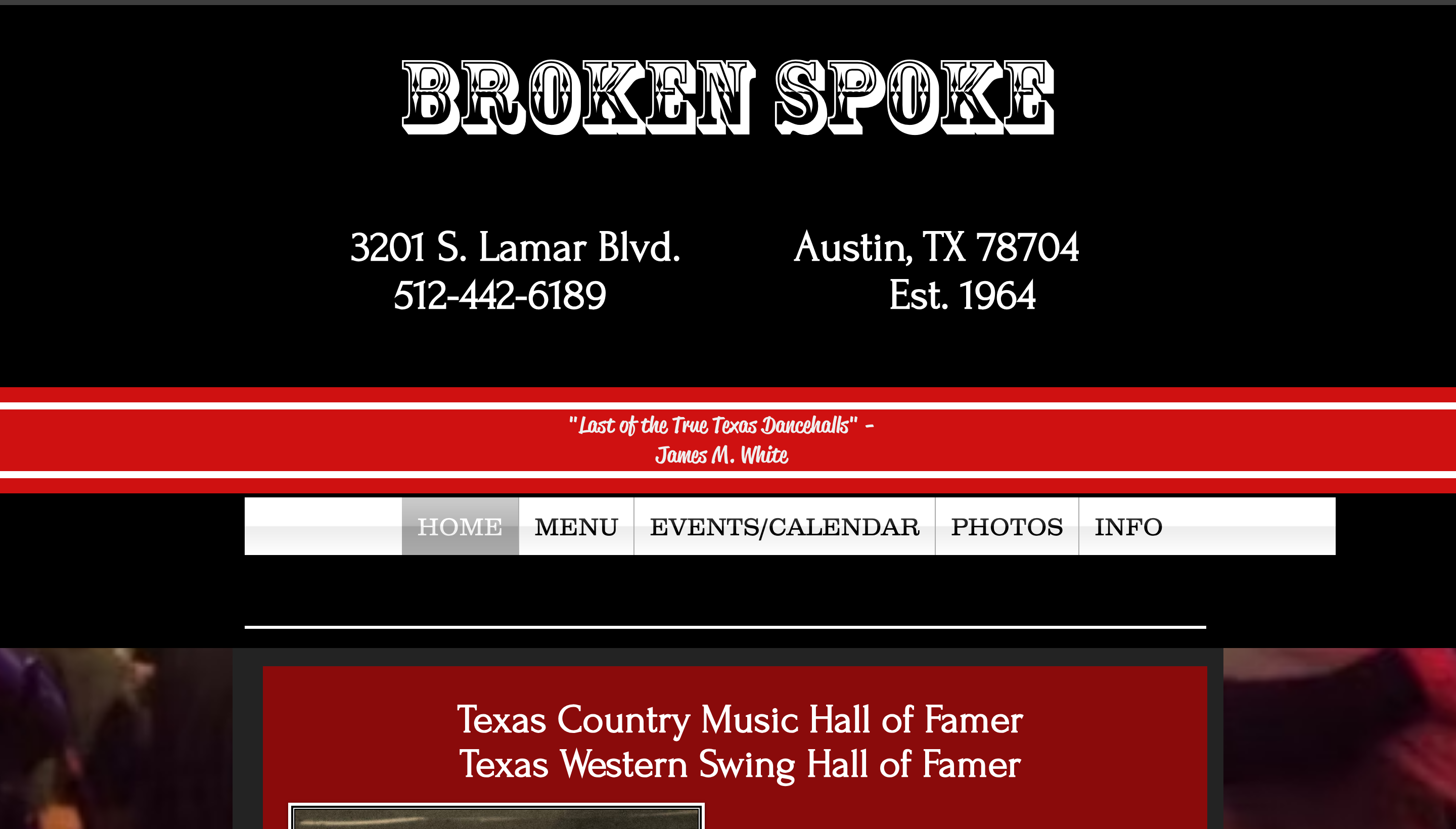 The current Broken Spoke homepage: a black background, wagon-wheel clip art, and a long button-row menu.