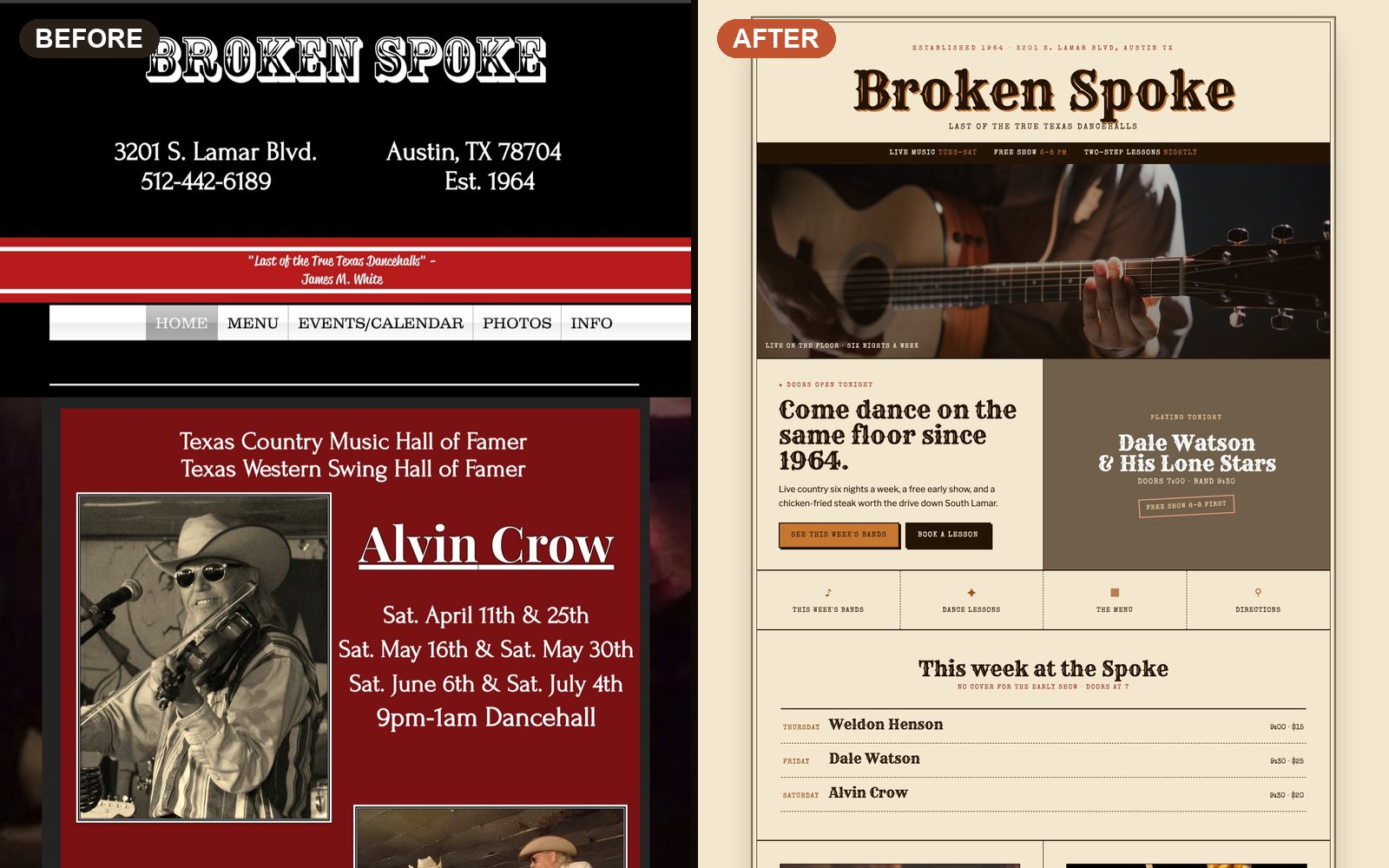The redesigned Broken Spoke homepage.