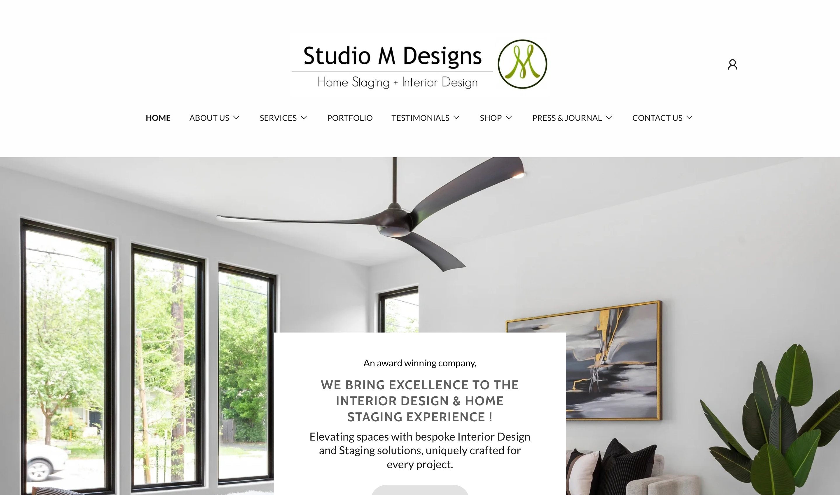 The current Studio M Designs homepage: a long crowded nav, a repeated headline, and a busy hero.