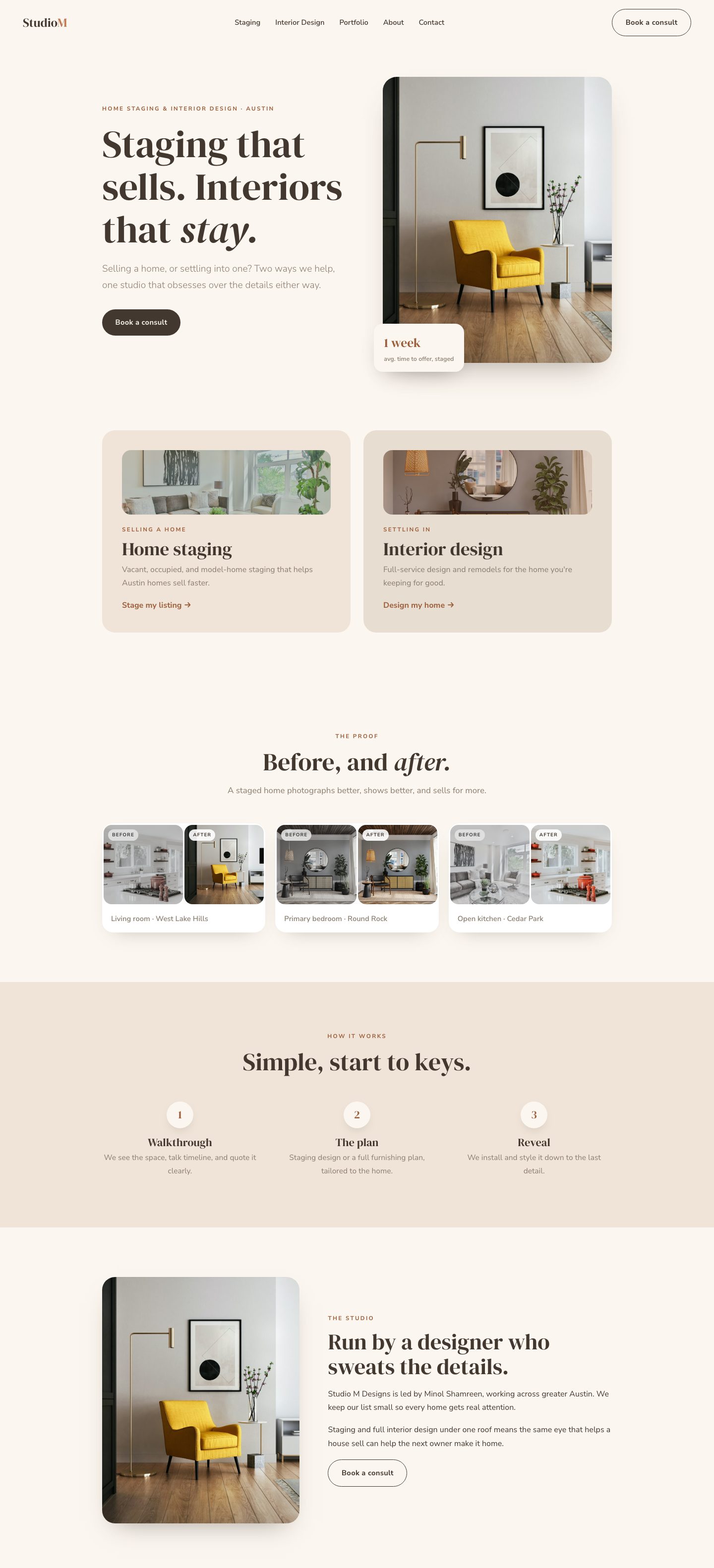 The redesigned Studio M Designs homepage — hover to scroll through it
